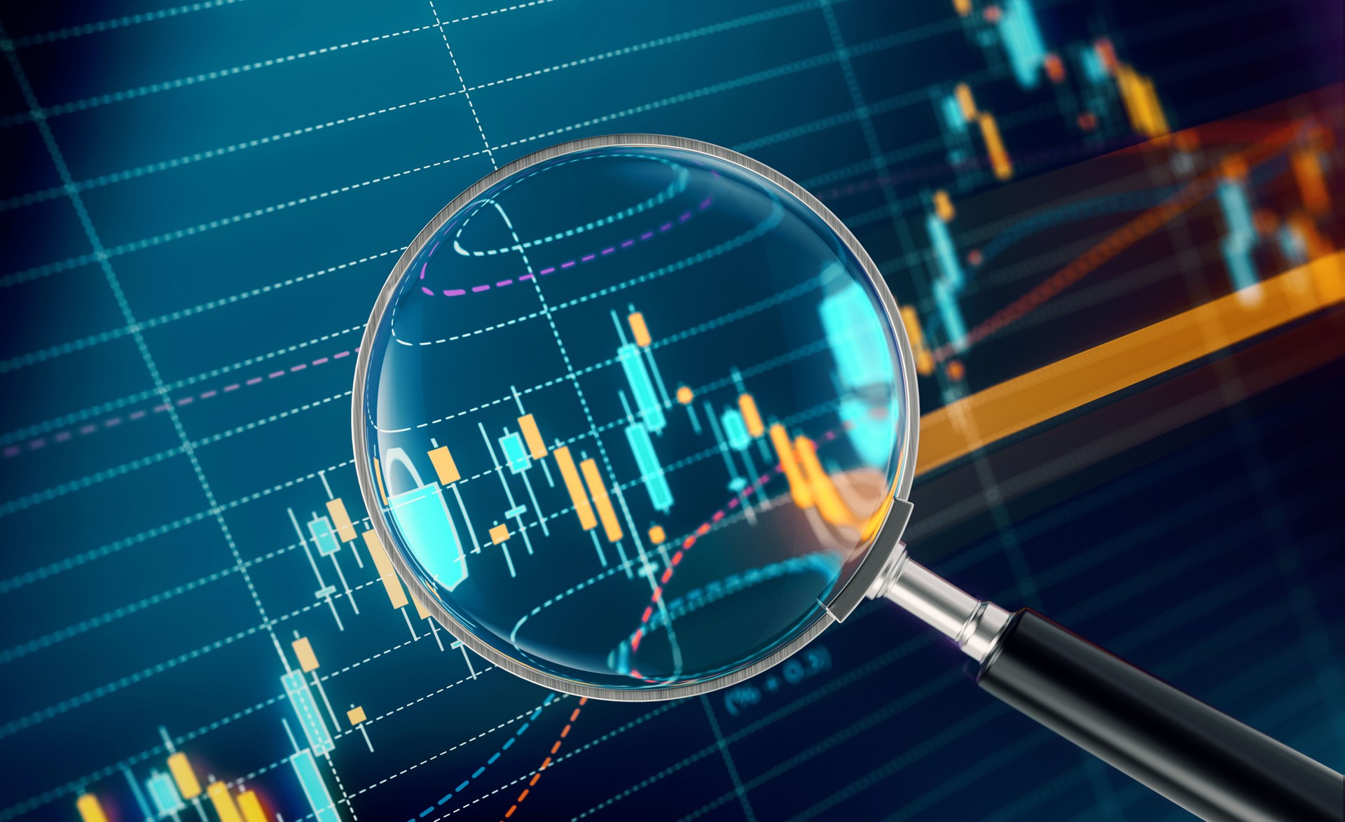 Magnifier Focusing On A Financial and Technical Data Analysis Graph