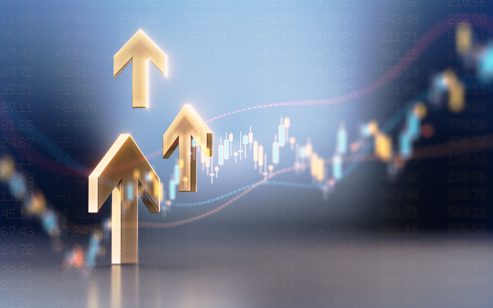 Gold Colored Arrow Moving Up Before Blue Financial Graph